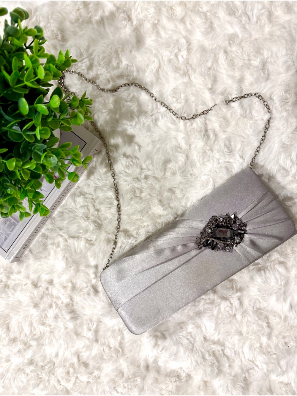 Silver Evening Clutch with Jewel Accent Wedding and cocktail clutch